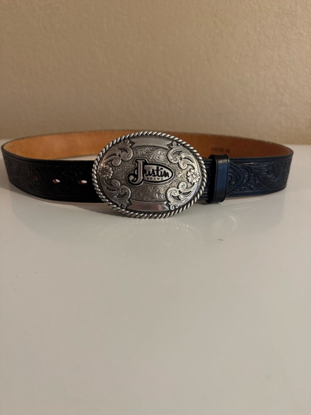 Justin Boots Black Tooled Leather Belt with Ornate Silver Buckle